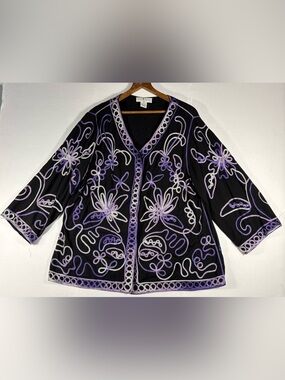 Once 1 Again Plus Women’s 1X Black/Lavender Embroidered V-Neck Cardigan  Jacket